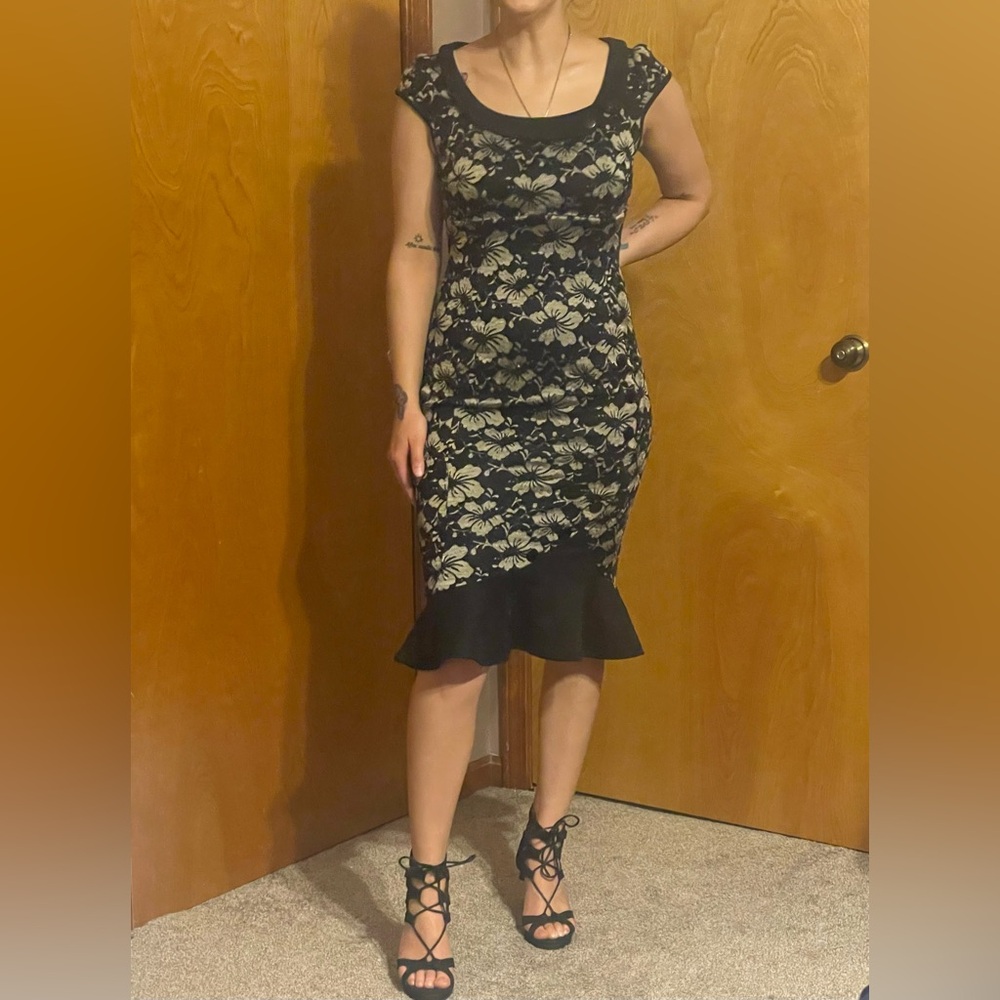 VfEmage Elegant Black and Gold Midi Dress